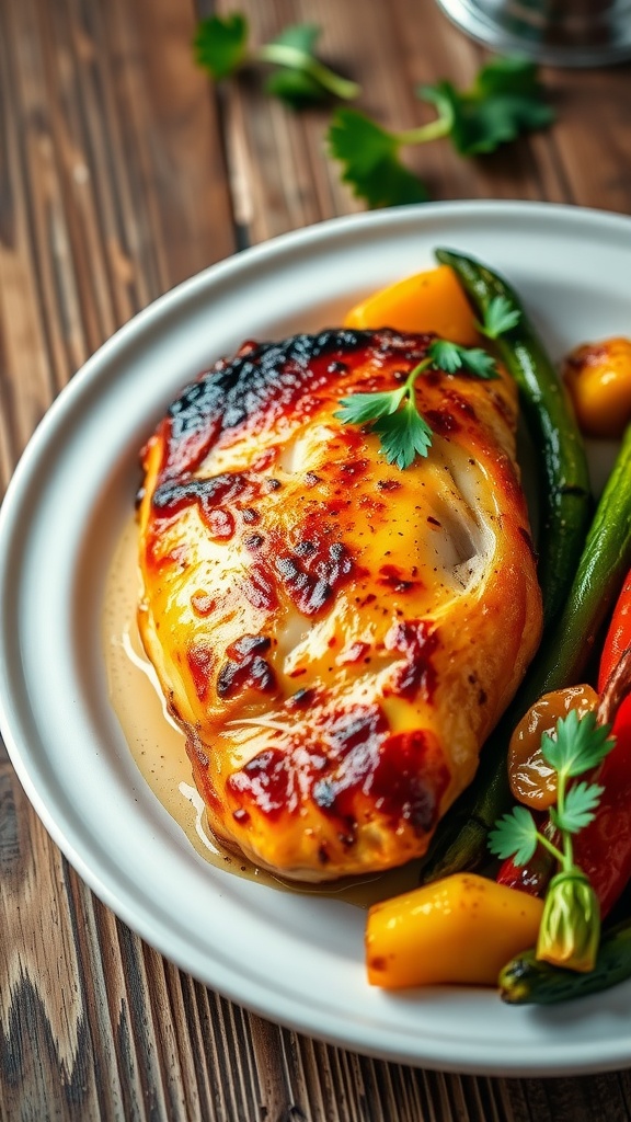 Tender melt-in-your-mouth chicken breast on a plate with roasted vegetables and parsley garnish.
